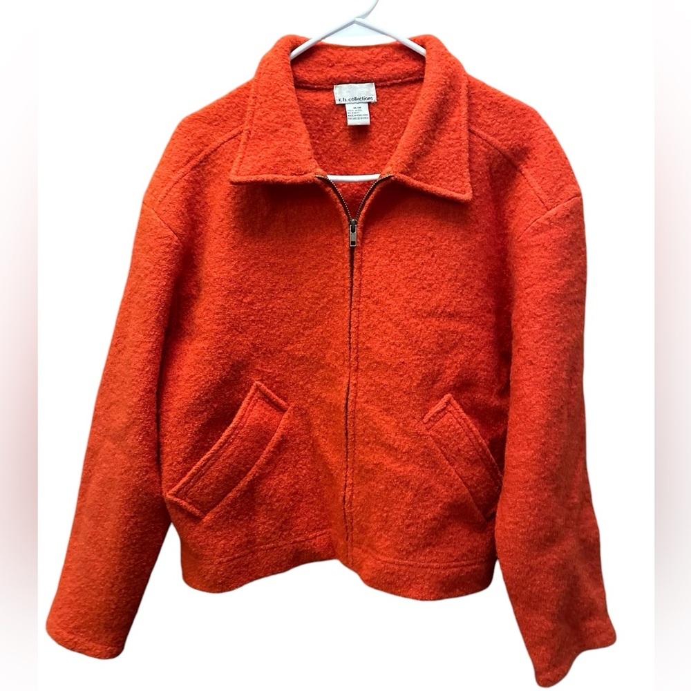 Vintage 90s K.B. Collections Orange Boiled Wool Zip Up Collared Jacket Coat‎ M
